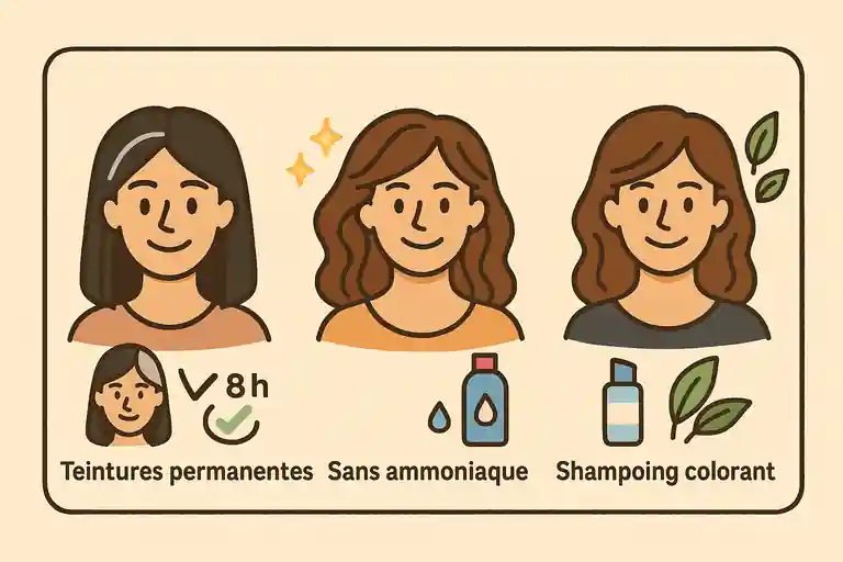 Illustration cartoon éducative présentant différents types de colorations capillaires : permanente, sans ammoniaque, shampoing colorant et végétale