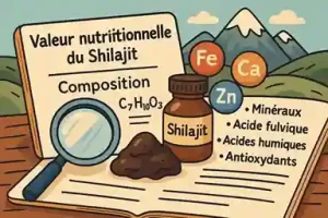 Illustration colorée style cartoon représentant le Shilajit et sa composition nutritionnelle