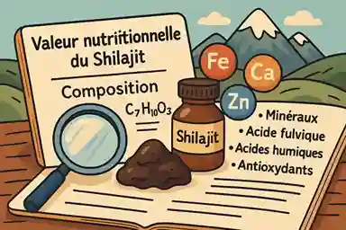Illustration colorée style cartoon représentant le Shilajit et sa composition nutritionnelle