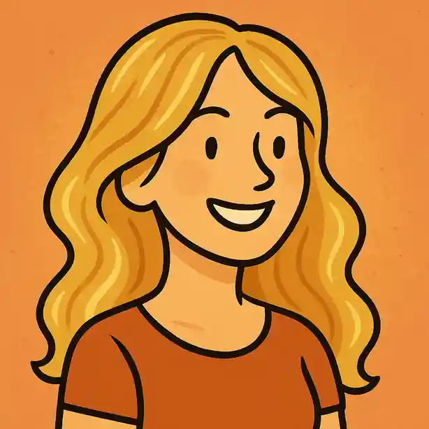 Illustration cartoon d’une femme aux cheveux blonds chauds lumineux, avec des reflets miel, doré et beige