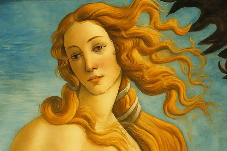 Peinture inspirée du style de Botticelli représentant une femme à la chevelure blonde ondulée mise en valeur par un fond bleu clair.