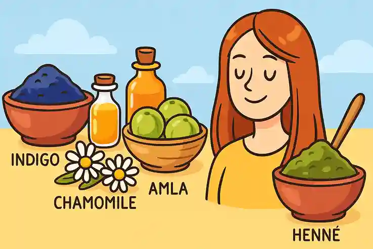 Illustration cartoon montrant une femme aux cheveux colorés naturellement entourée d’ingrédients de coloration végétale comme henné, indigo, camomille et amla.