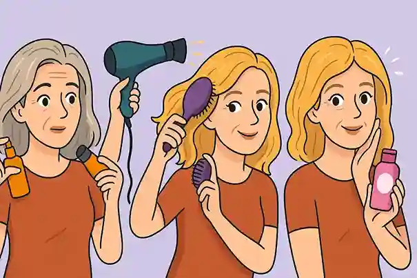 Illustration cartoon d’une femme de plus de 40 ans entretenant ses cheveux colorés avec différentes étapes : soins, séchage, brossage et application de produits capillaires.