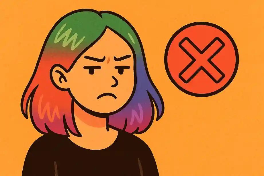Illustration cartoon d’une femme mécontente aux cheveux multicolores, avec un signe rouge interdit à côté