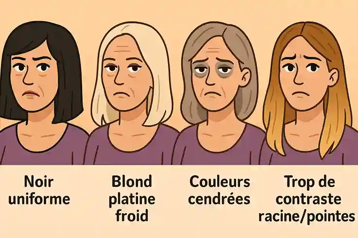 Illustration cartoon montrant quatre erreurs fréquentes de coloration après 40 ans : noir uniforme, blond platine froid, couleurs cendrées et contraste racines/pointes.