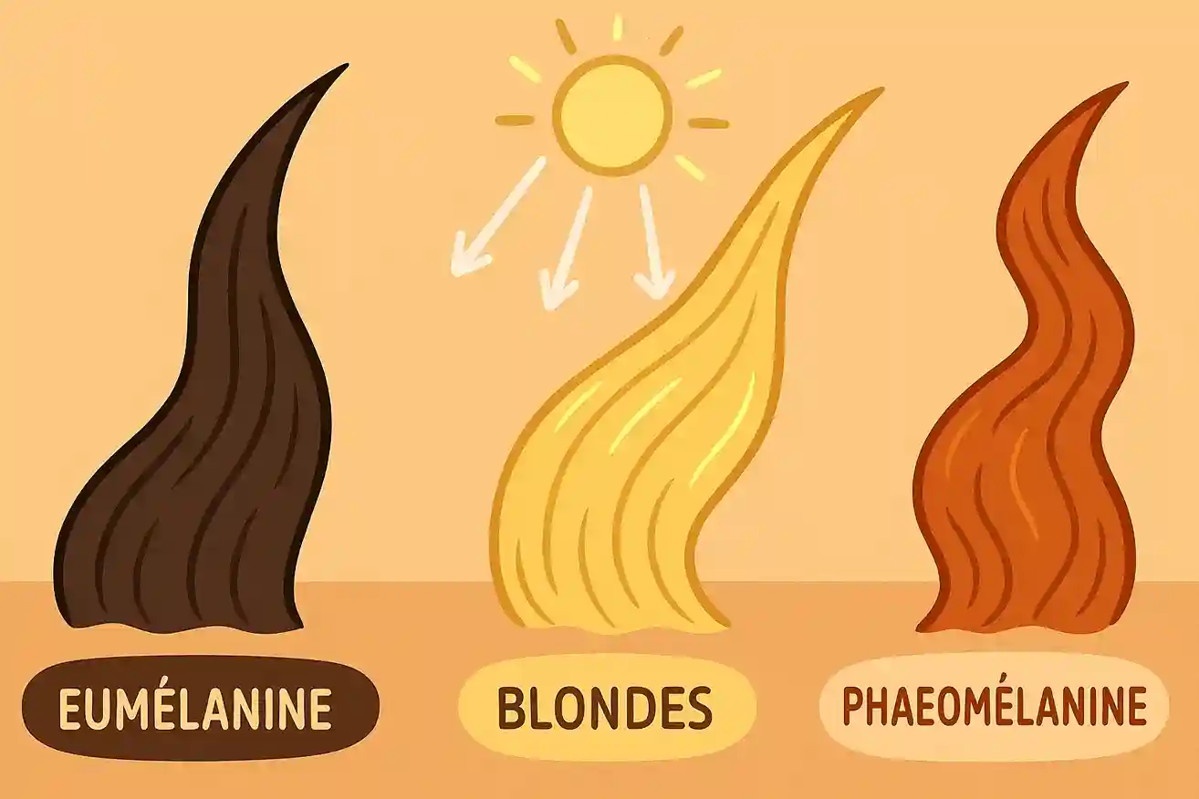 Illustration cartoon comparant trois mèches de cheveux (noir, blond, roux) pour montrer l’effet des pigments capillaires eumélanine et phaeomélanine.