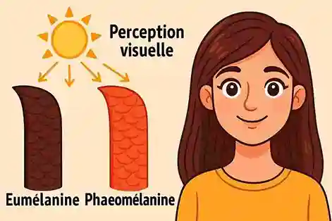 Illustration cartoon montrant l’eumélanine et la phaeomélanine dans les cheveux, avec un soleil projetant de la lumière pour expliquer leur rôle dans la perception visuelle.