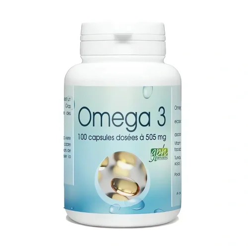 omega3, 505 mg, 100 capsules, GPH, favorise la santé cardiovasculaire et cérébrale.