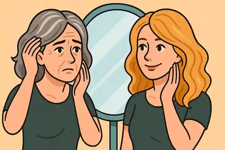 Illustration cartoon représentant une femme de plus de 40 ans, montrée en deux versions : cheveux gris naturels d’un côté et cheveux blond miel colorés de l’autre.