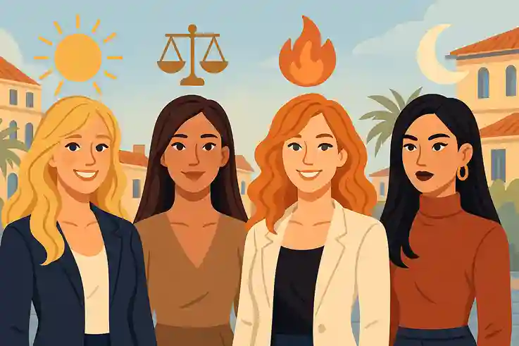 llustration cartoon de quatre femmes aux cheveux blonds, bruns, roux et noirs avec des symboles au-dessus de la tête représentant la jeunesse, la stabilité, l’audace et le mystère.