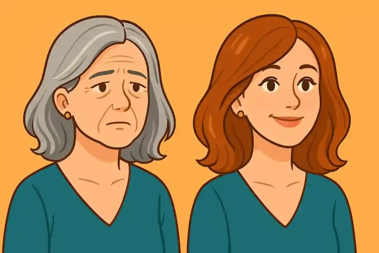 Illustration cartoon montrant une femme avant et après coloration de cheveux