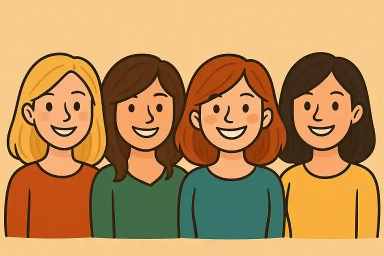 Coloration et bonne mine – Illustration cartoon en format paysage de quatre femmes souriantes avec différentes couleurs de cheveux (blond, brun, roux, noir), toutes affichant un teint éclatant.