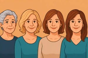 Illustration cartoon représentant des femmes de plus de 60 ans avec différentes colorations de cheveux (gris, blond, caramel, brun chaud).