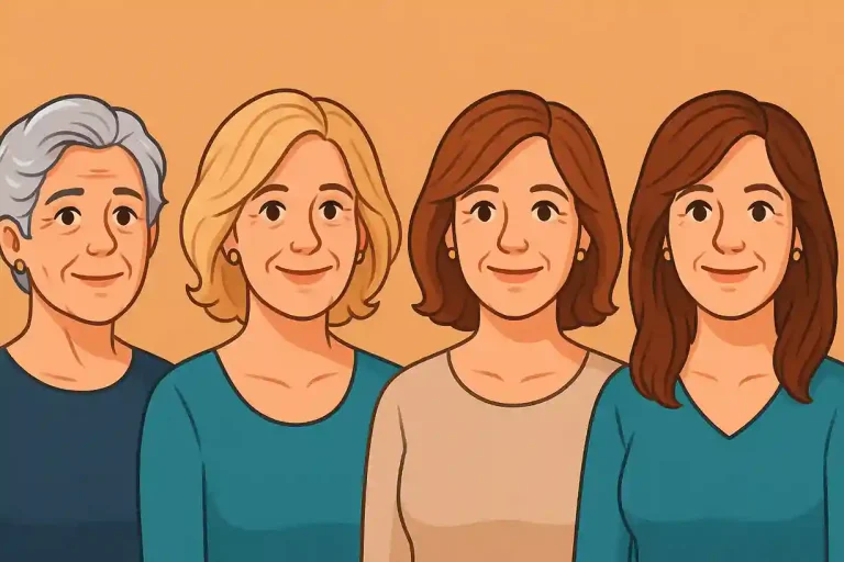 Illustration cartoon représentant des femmes de plus de 60 ans avec différentes colorations de cheveux (gris, blond, caramel, brun chaud).