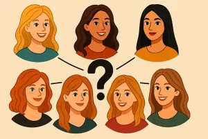 Illustration cartoon montrant plusieurs femmes avec différentes couleurs de cheveux (blond, brun, roux, caramel, miel, noir), reliées par un point central.
