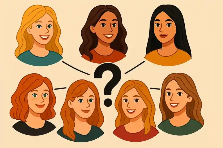 Illustration cartoon montrant plusieurs femmes avec différentes couleurs de cheveux (blond, brun, roux, caramel, miel, noir), reliées par un point central.