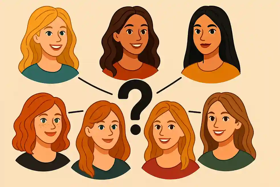 Illustration cartoon montrant plusieurs femmes avec différentes couleurs de cheveux (blond, brun, roux, caramel, miel, noir), reliées par un point central.