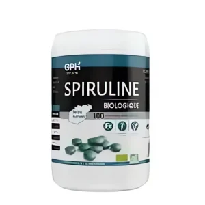 spiruline, 500 mg, 100 comprimés, GPH, super-aliment riche en protéines, vitamines et minéraux.