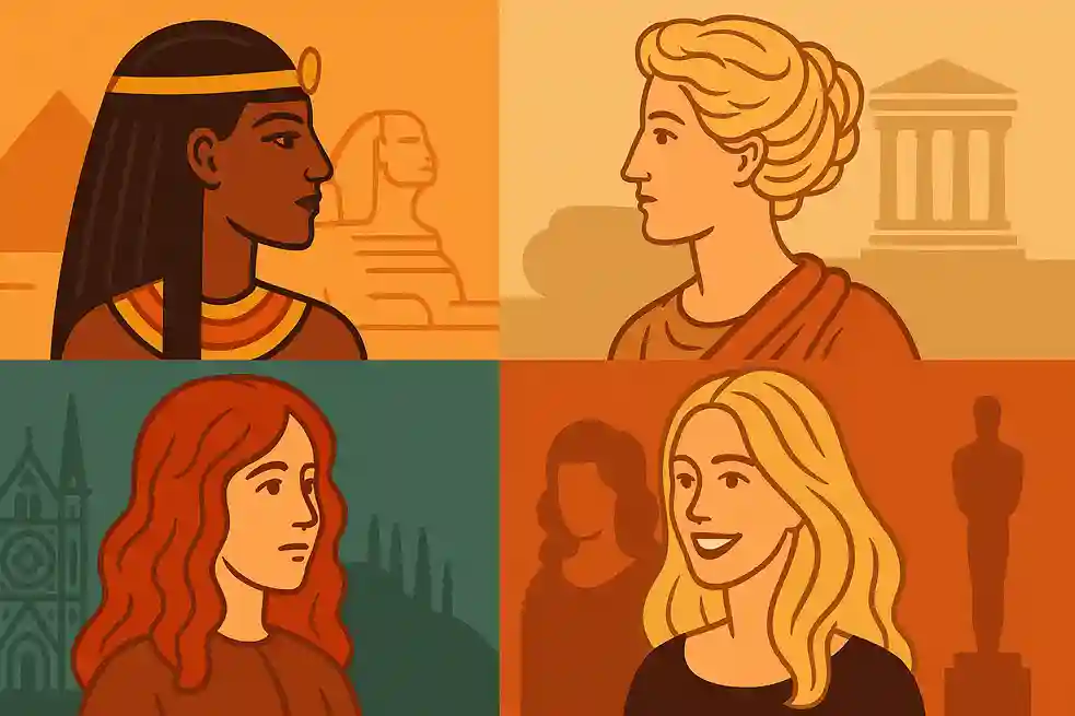Illustration cartoon montrant quatre portraits de femmes de différentes époques et cultures avec des couleurs de cheveux variées : noire en Égypte ancienne, blonde à Rome, rousse au Moyen Âge et blonde moderne à Hollywood.