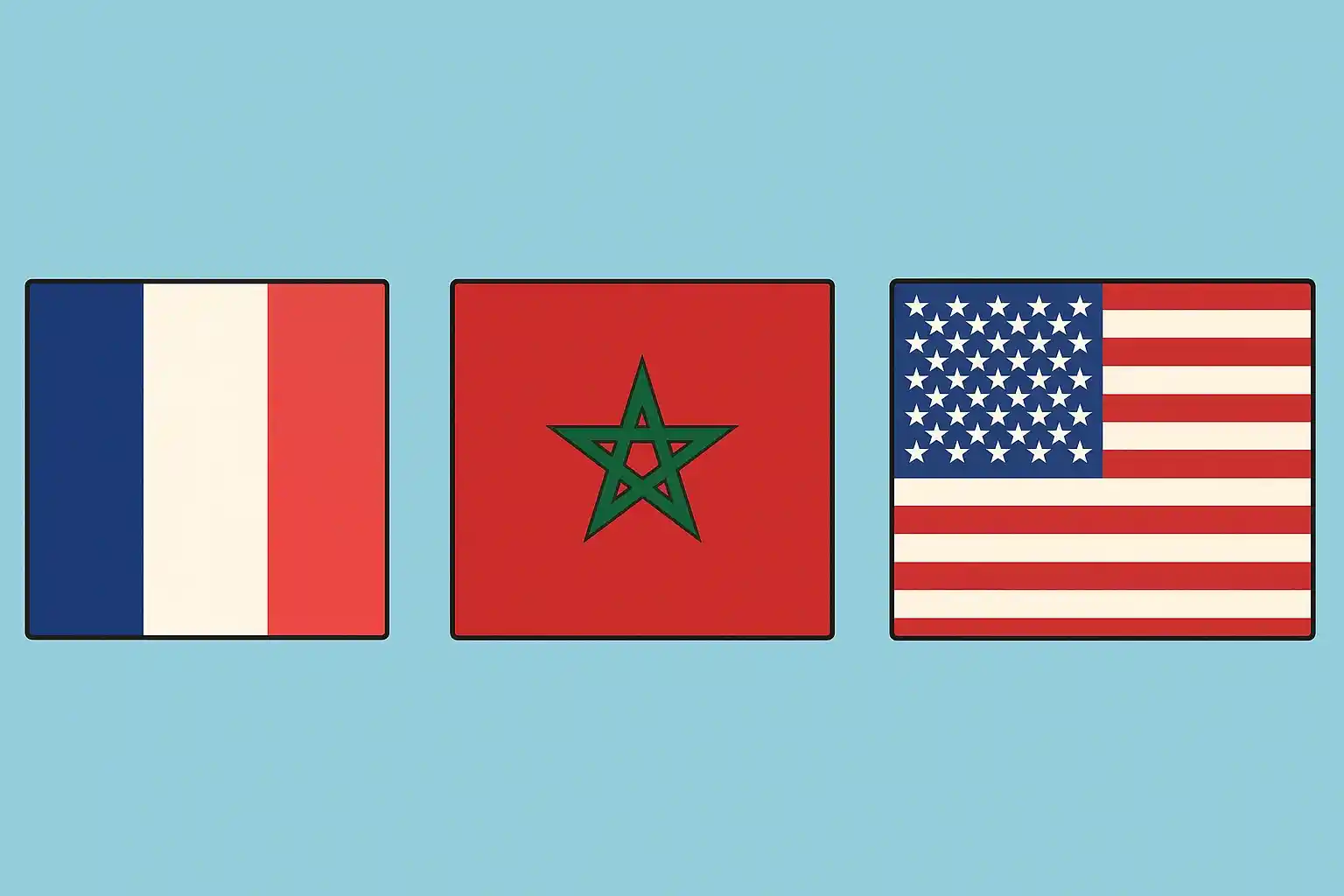 llustration cartoon montrant trois drapeaux : France, Maroc et États-Unis, alignés sur fond bleu clair.