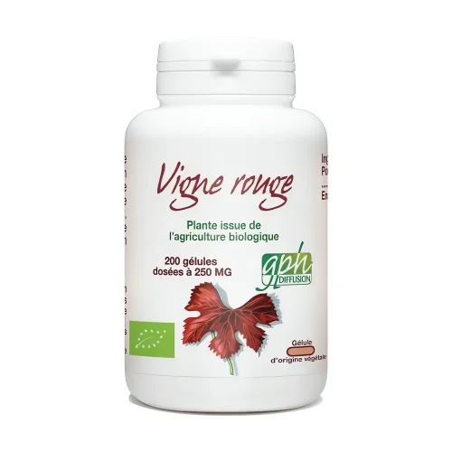 Vigne Rouge Bio GPH – complément alimentaire 247 gélules à 200 mg de feuilles de vigne rouge issues de l’agriculture biologique vigne rouge 270 mg 200 gélules GPH complément alimentaire circulation