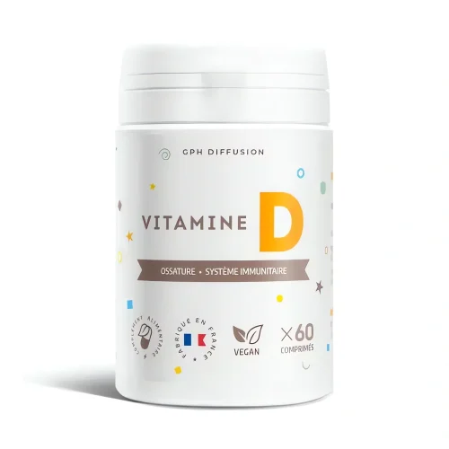 vitamine d, 5 µg, 60 comprimés, GPH, essentielle pour l’immunité et la santé osseuse.
