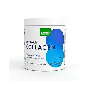 Pot de Collagène souplesse et flexibilité Purasana 240 g avec étiquette claire sur fond blanc