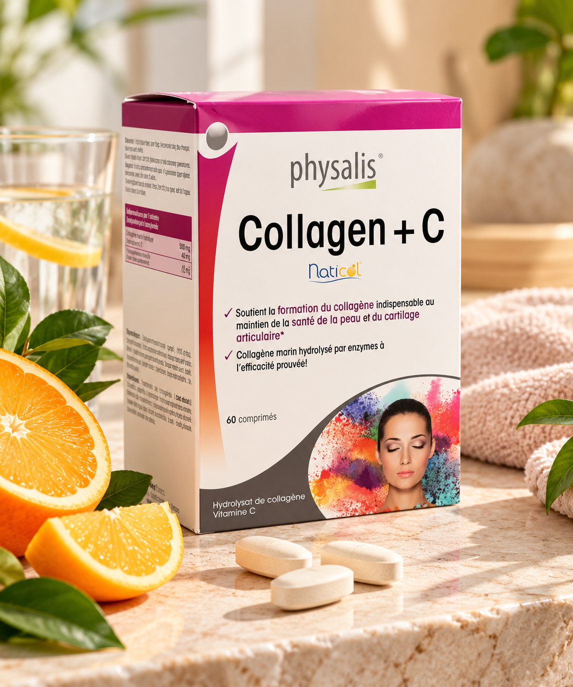 Complément alimentaire collagène et vitamine C en comprimés